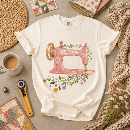 Vintage Pink Sewing Machine Floral T-Shirt - Ivory