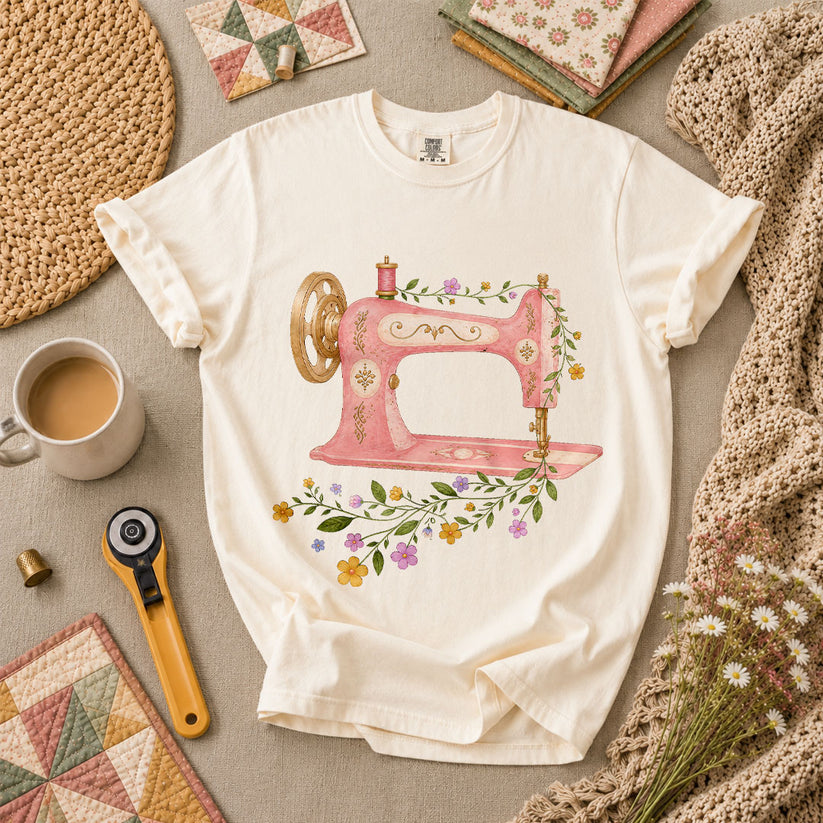 Vintage Pink Sewing Machine Floral T-Shirt - Ivory
