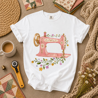 Vintage Pink Sewing Machine Floral T-Shirt - White