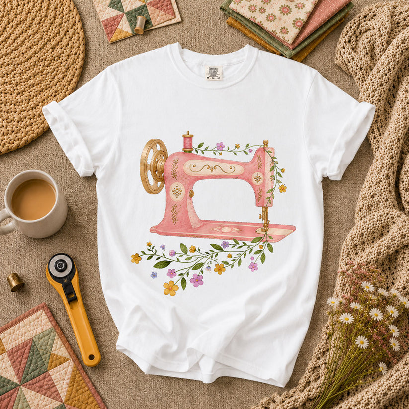 Vintage Pink Sewing Machine Floral T-Shirt - White