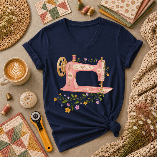 Vintage Pink Sewing Machine Floral - Navy