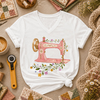 Vintage Pink Sewing Machine Floral - White