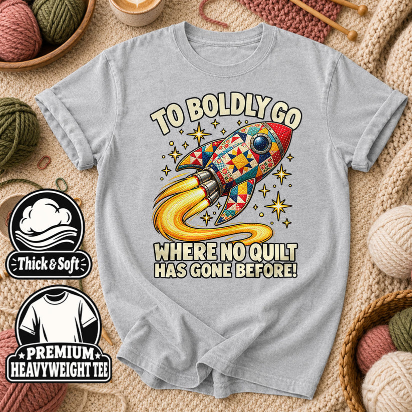 To Boldly Go Where No Quilt Has Gone Before Rocket T-Shirt - Athletic Heather
