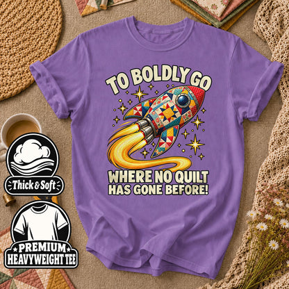 To Boldly Go Where No Quilt Has Gone Before Rocket T-Shirt - Heather Team Purple