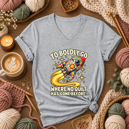 To Boldly Go Where No Quilt Has Gone Before Rocket Women's V-Neck - Athletic Heather