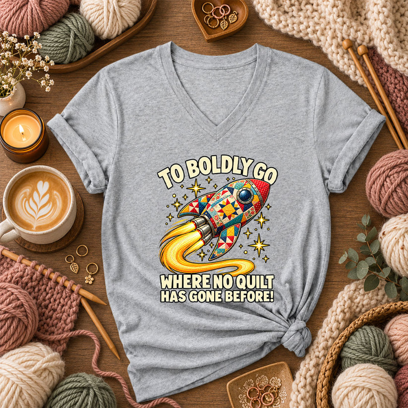 To Boldly Go Where No Quilt Has Gone Before Rocket Women's V-Neck - Athletic Heather