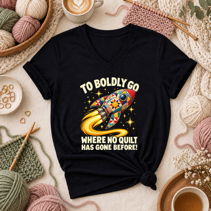To Boldly Go Where No Quilt Has Gone Before Rocket Women's V-Neck - Black