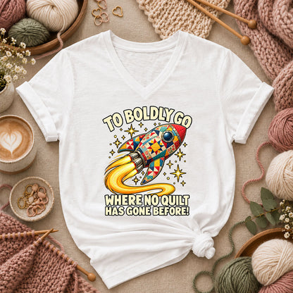 To Boldly Go Where No Quilt Has Gone Before Rocket Women's V-Neck - White