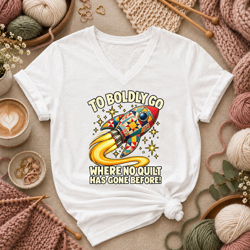 To Boldly Go Where No Quilt Has Gone Before Rocket Women's V-Neck - White