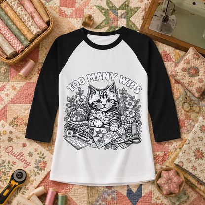 Too Many WIPs Kitten Line Art Raglan Sleeve - Black