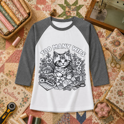 Too Many WIPs Kitten Line Art Raglan Sleeve - Deep Heather