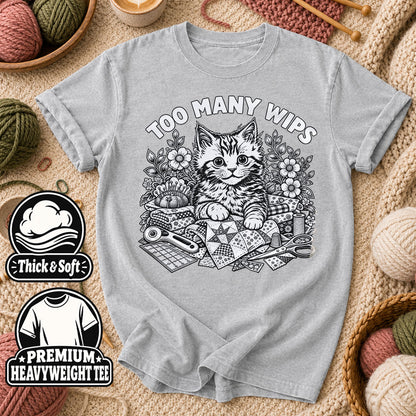 Too Many WIPs Kitten Line Art T-Shirt - Athletic Heather