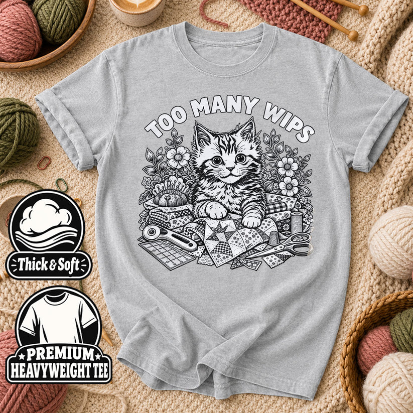 Too Many WIPs Kitten Line Art T-Shirt - Athletic Heather