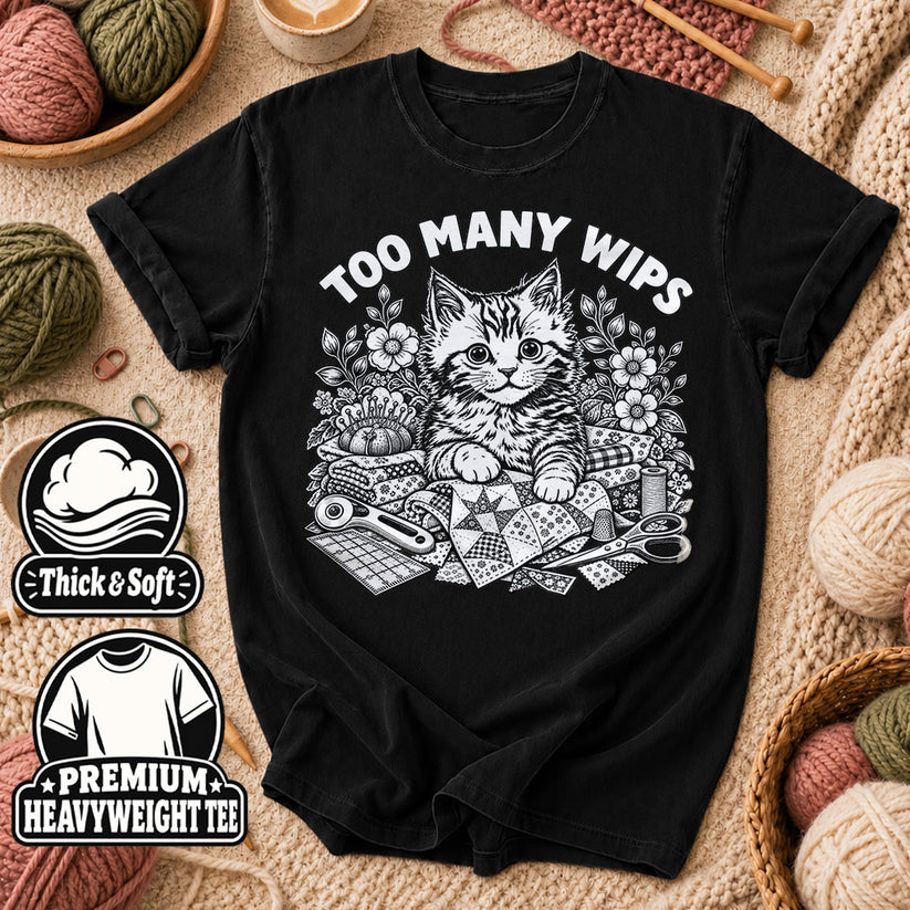 Too Many WIPs Kitten Line Art T-Shirt - Black