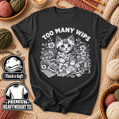 Too Many WIPs Kitten Line Art T-Shirt - Dark Heather Grey