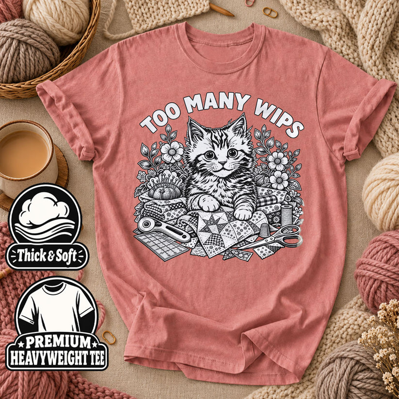 Too Many WIPs Kitten Line Art T-Shirt - Heather Mauve