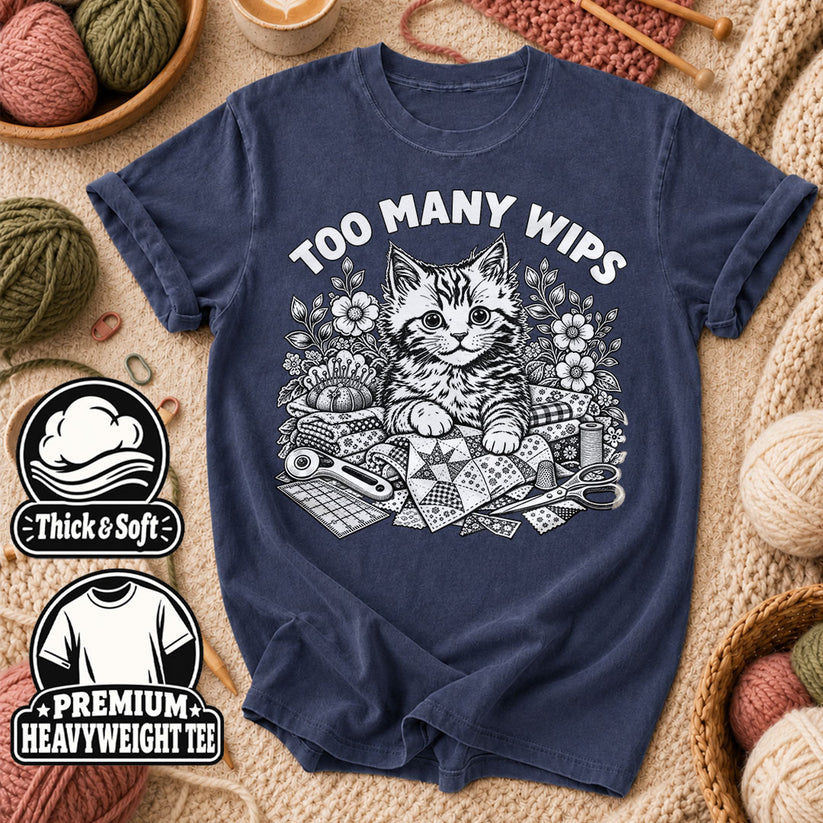 Too Many WIPs Kitten Line Art T-Shirt - Heather Navy