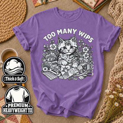Too Many WIPs Kitten Line Art T-Shirt - Heather Team Purple