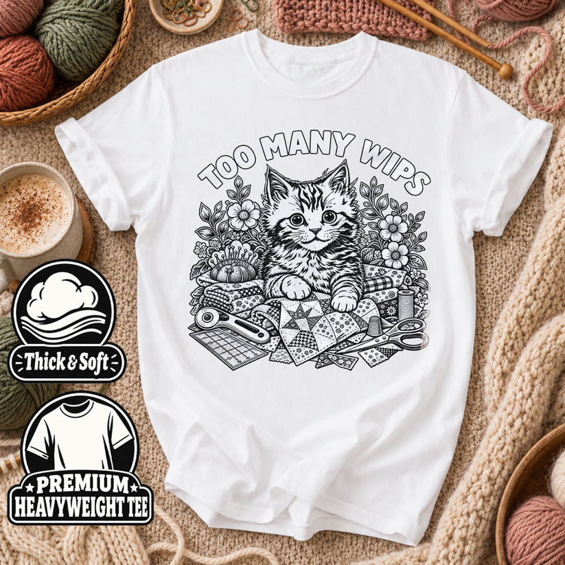 Too Many WIPs Kitten Line Art T-Shirt - White