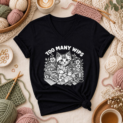 Too Many WIPs Kitten Line Art Women's V-Neck - Black