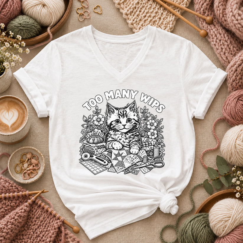 Too Many WIPs Kitten Line Art Women's V-Neck - White
