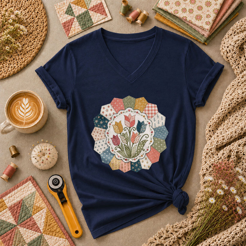 Tulip Quilt Blossom Women's V-Neck - Navy