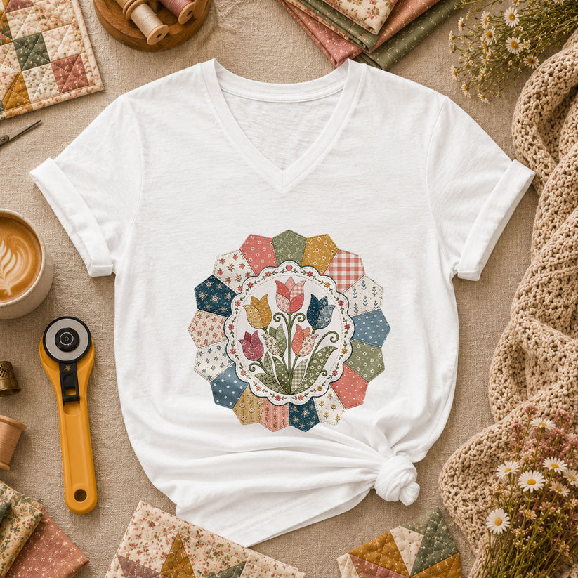 Tulip Quilt Blossom Women's V-Neck - White
