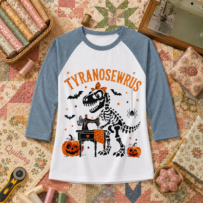 Tyranosewrus Dinosaur Skeleton Halloween Raglan Sleeve - Denim