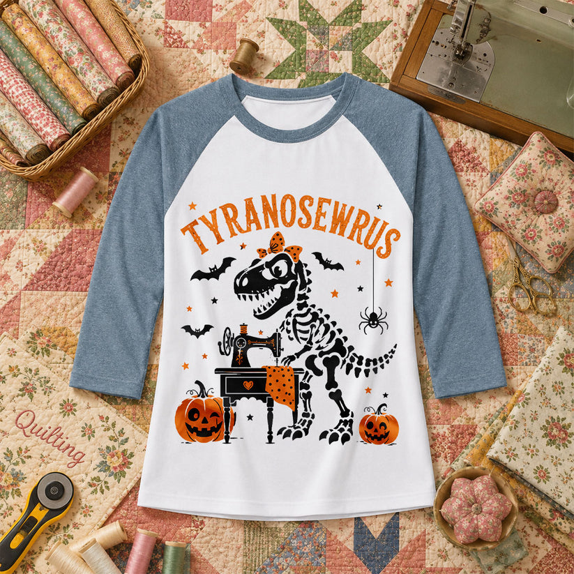 Tyranosewrus Dinosaur Skeleton Halloween Raglan Sleeve - Denim