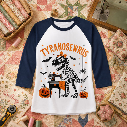 Tyranosewrus Dinosaur Skeleton Halloween Raglan Sleeve - Navy