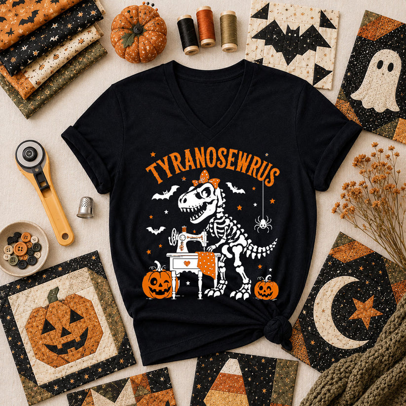 Tyranosewrus Dinosaur Skeleton Halloween Women's V-Neck - Black