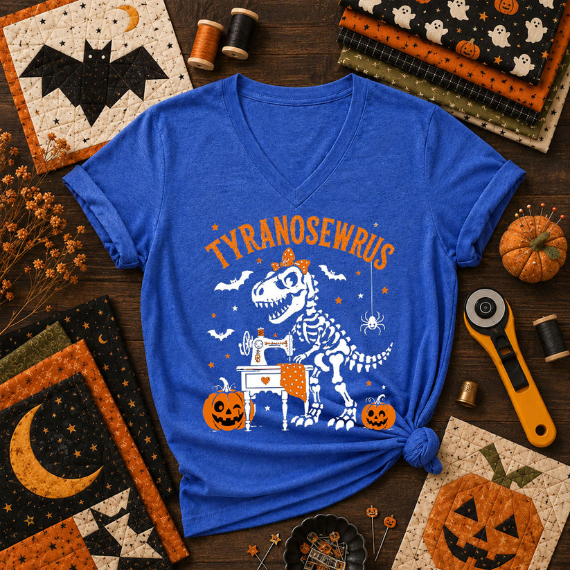 Tyranosewrus Dinosaur Skeleton Halloween Women's V-Neck - Heather True Royal