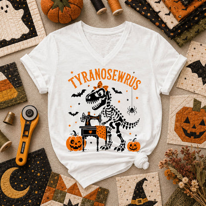 Tyranosewrus Dinosaur Skeleton Halloween Women's V-Neck - White