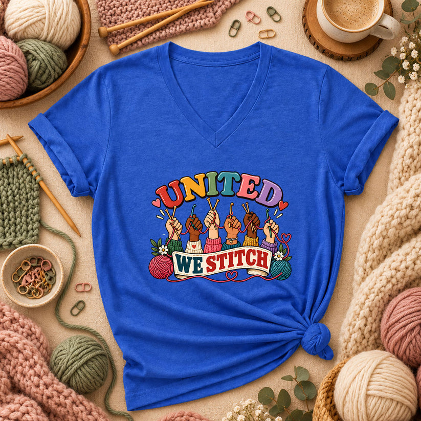 United We Stitch Women's V-Neck - Heather True Royal