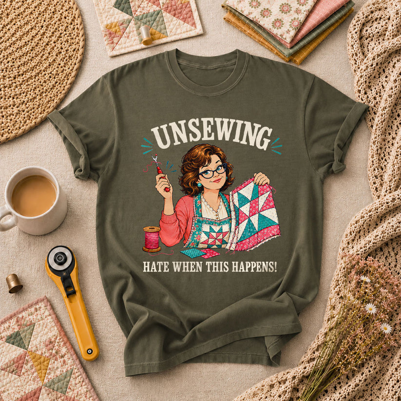 Unsewing Hate When This Happens Quilter Lady T-Shirt - Military Green