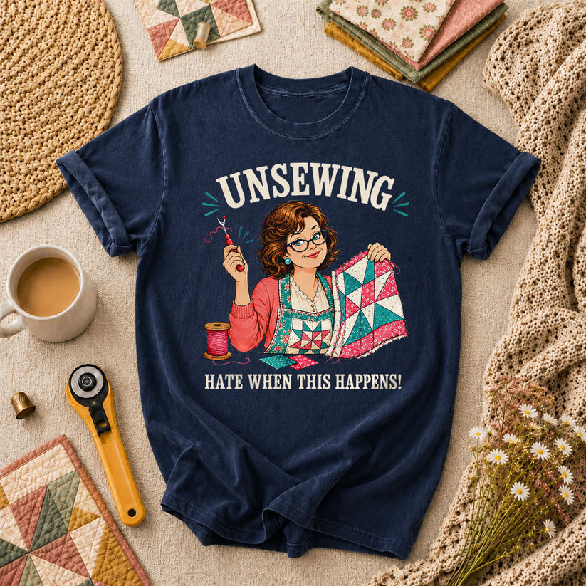 Unsewing Hate When This Happens Quilter Lady T-Shirt - Navy