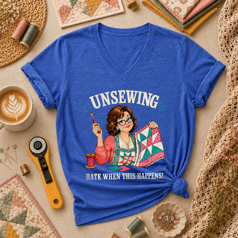 Unsewing Hate When This Happens Quilter Lady Women's V-Neck - Heather True Royal