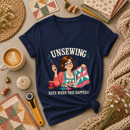Unsewing Hate When This Happens Quilter Lady Women's V-Neck - Navy