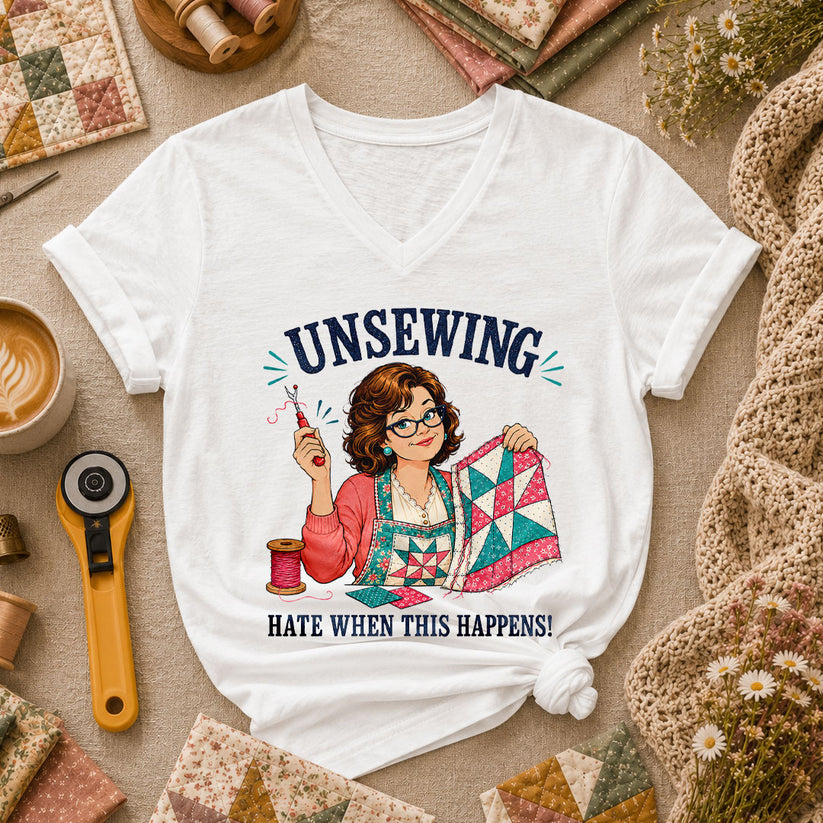 Unsewing Hate When This Happens Quilter Lady Women's V-Neck - White