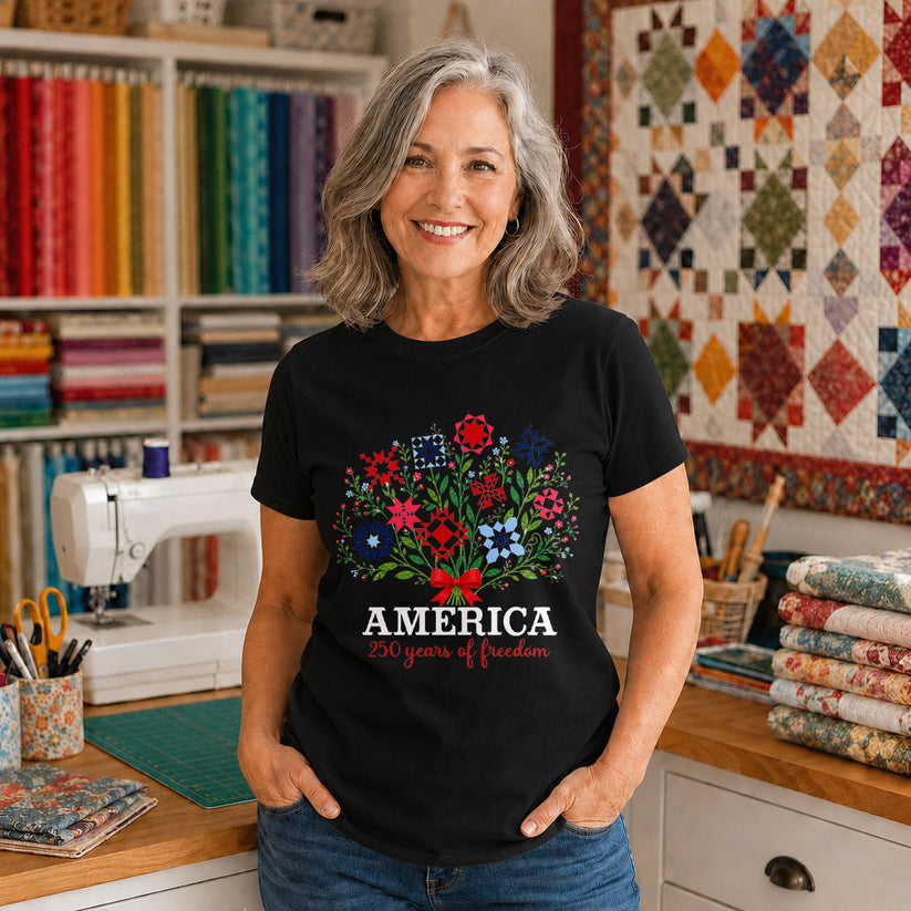 USA 250 Years Freedom Sequin Letters Quilted - Black flatlay