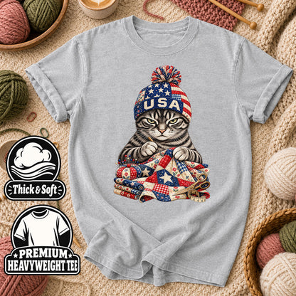 USA Beanie Cat Quilting Patriotic T-Shirt - Athletic Heather