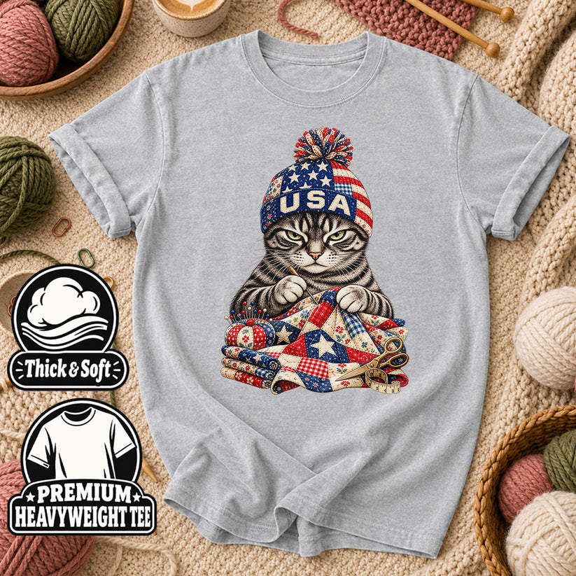 USA Beanie Cat Quilting Patriotic T-Shirt - Athletic Heather