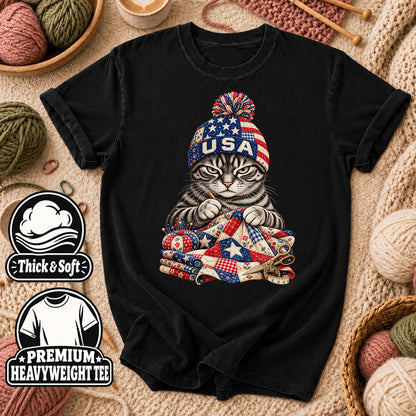 USA Beanie Cat Quilting Patriotic T-Shirt - Black