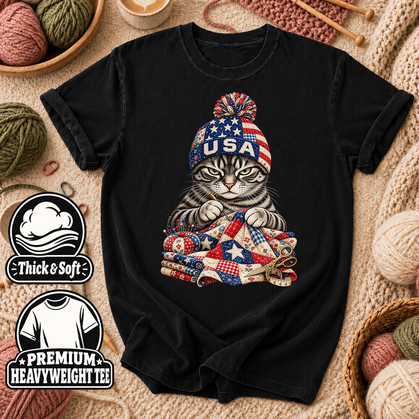 USA Beanie Cat Quilting Patriotic T-Shirt - Black