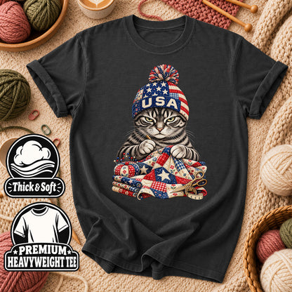 USA Beanie Cat Quilting Patriotic T-Shirt - Dark Heather Grey