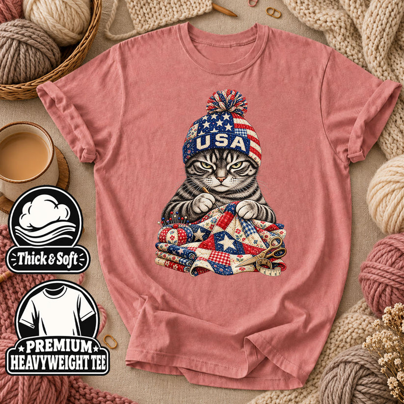 USA Beanie Cat Quilting Patriotic T-Shirt - Heather Mauve