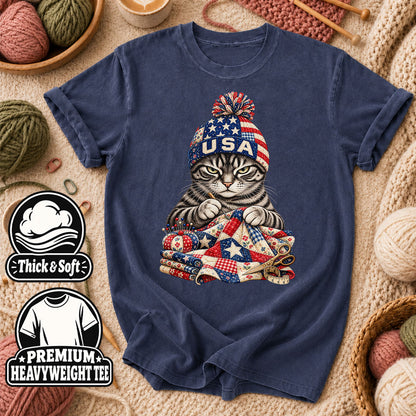 USA Beanie Cat Quilting Patriotic T-Shirt - Heather Navy