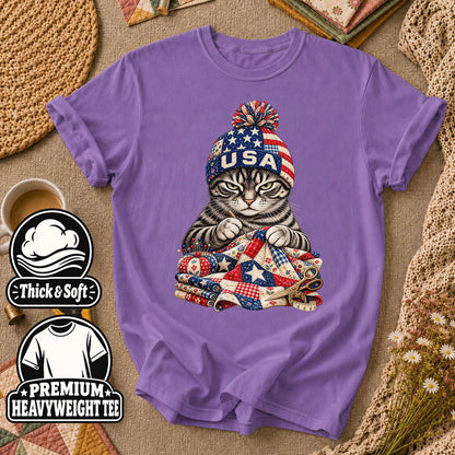 USA Beanie Cat Quilting Patriotic T-Shirt - Heather Team Purple