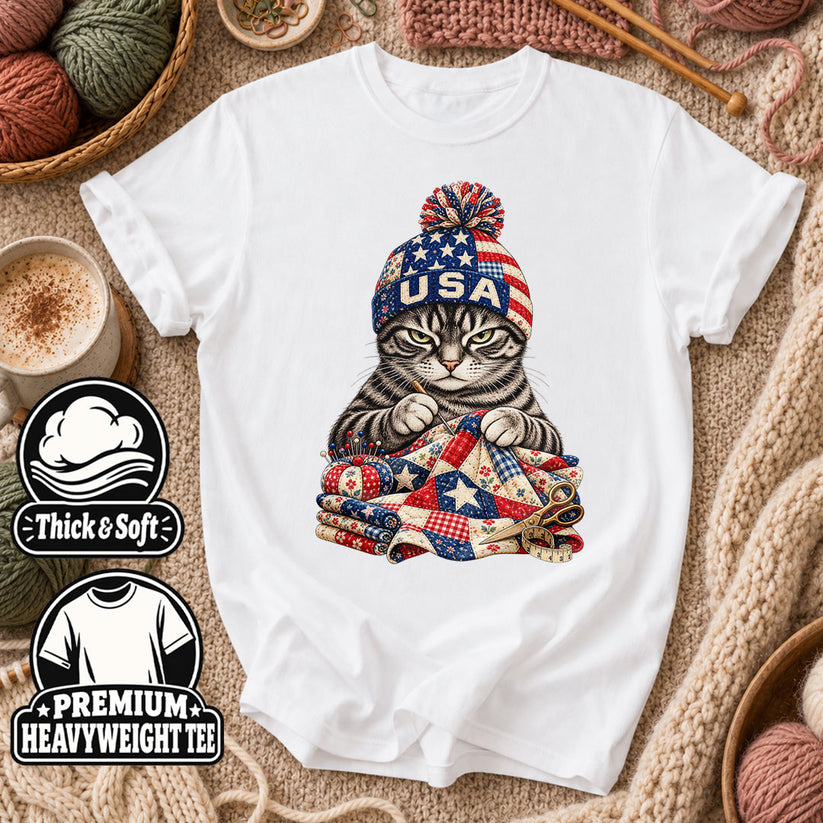 USA Beanie Cat Quilting Patriotic T-Shirt - White