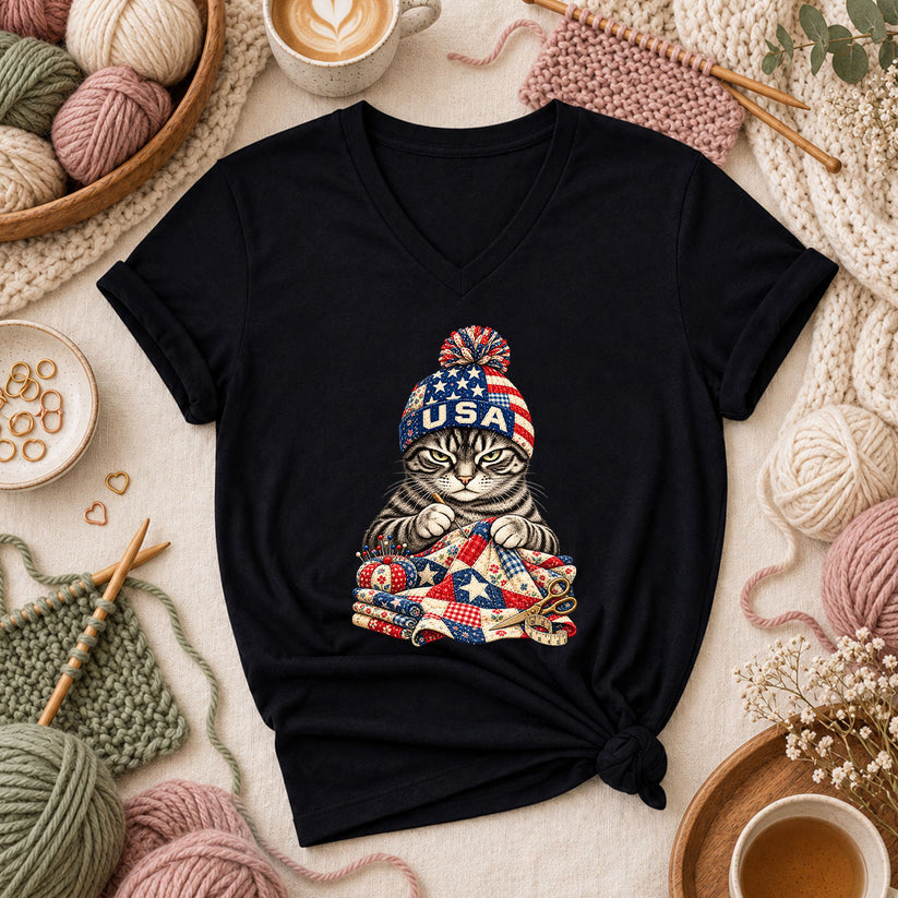 USA Beanie Cat Quilting Patriotic Women's V-Neck - Black